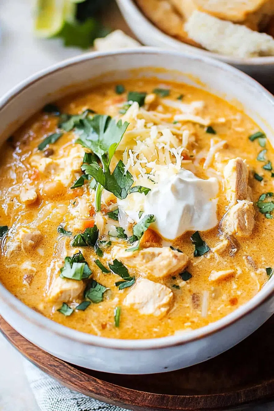 Close-up of the chili showing chunks of chicken, beans, and a creamy broth.