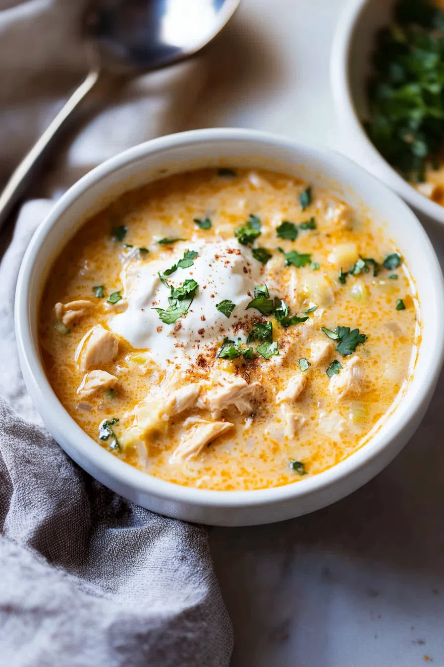 A bowl of creamy white chicken chili topped with shredded cheese and fresh cilantro