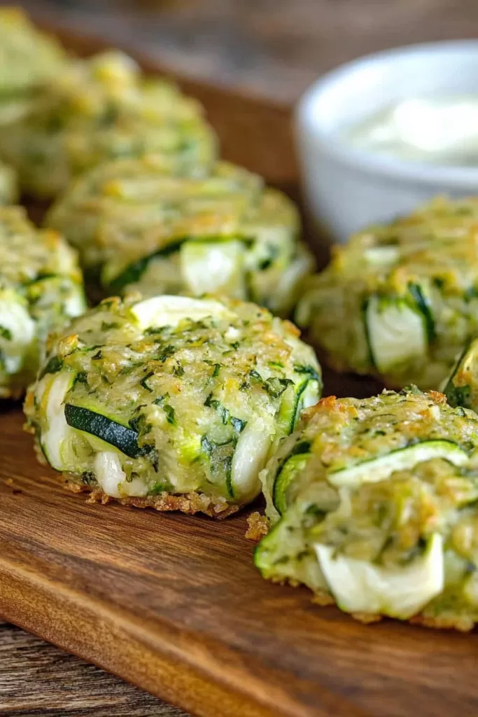 Close-up of crispy zucchini bites with a side of creamy dipping sauce.