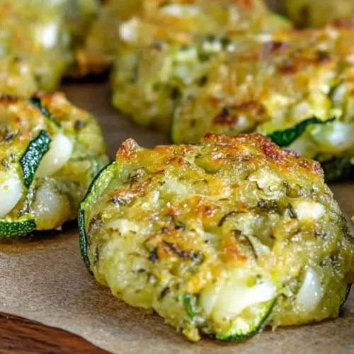 Freshly baked zucchini garlic bites arranged on parchment paper.