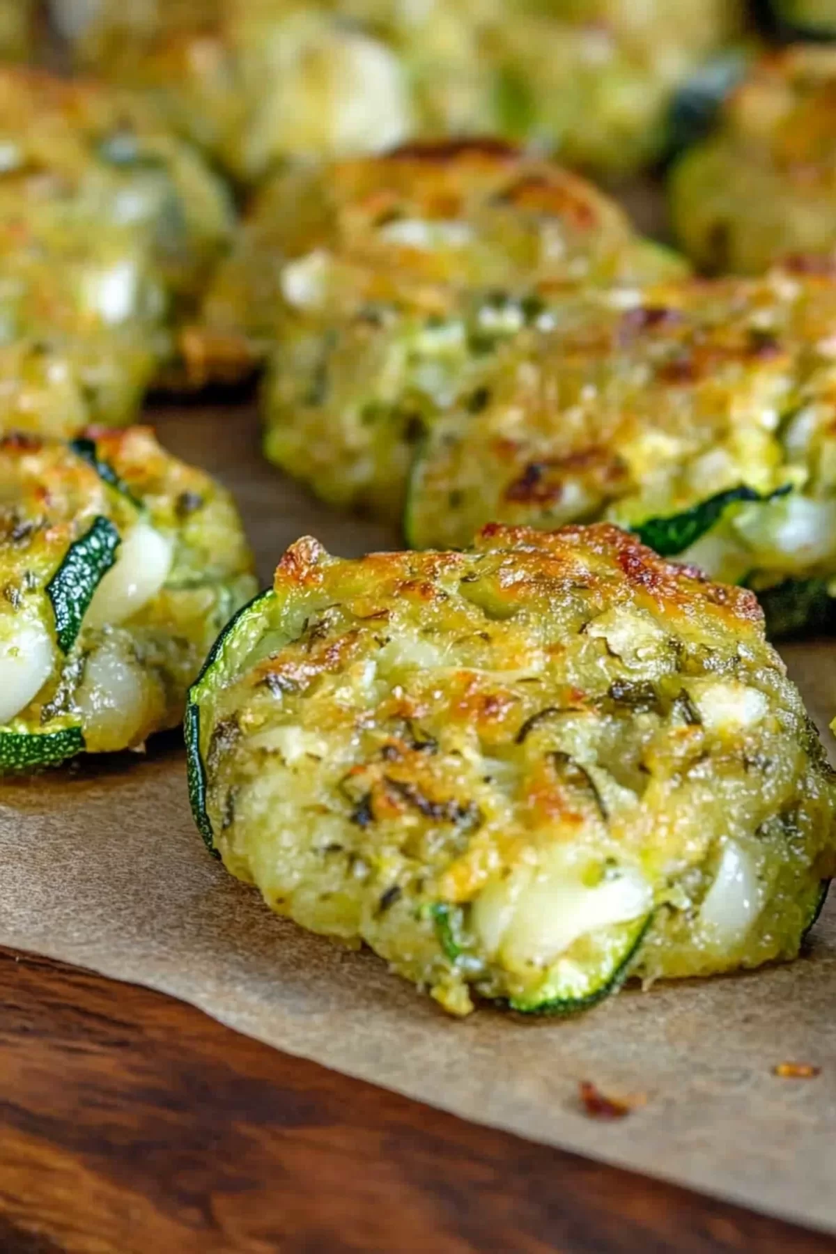 Freshly baked zucchini garlic bites arranged on parchment paper.