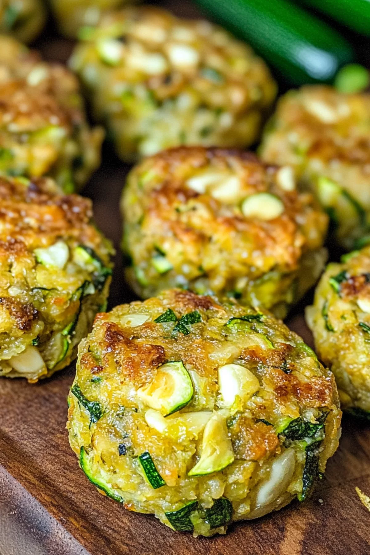 Golden zucchini bites with garlic and cheese on a wooden serving tray.