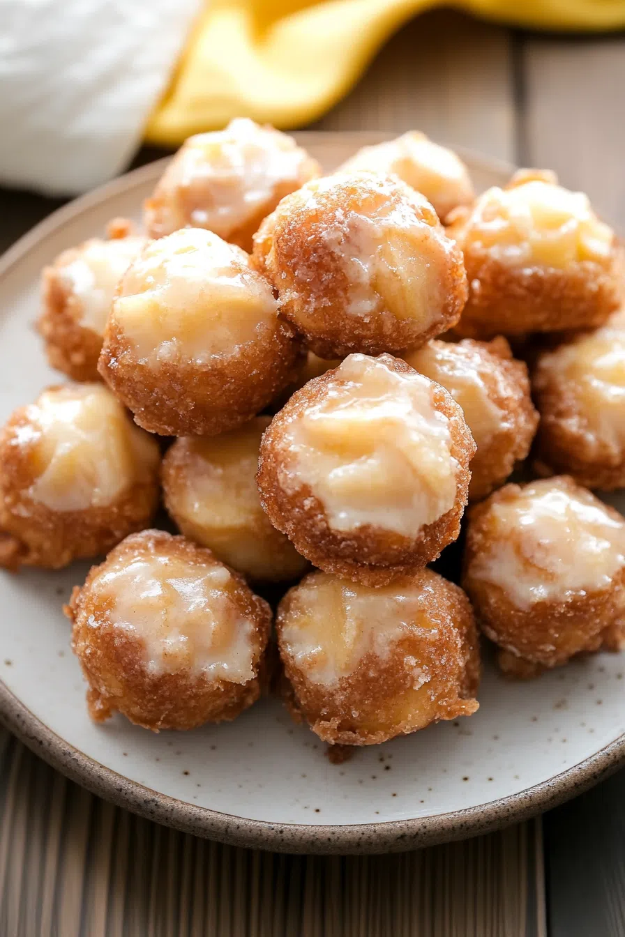 Stack of apple fritter bites on a serving platter, drizzled with glaze."
