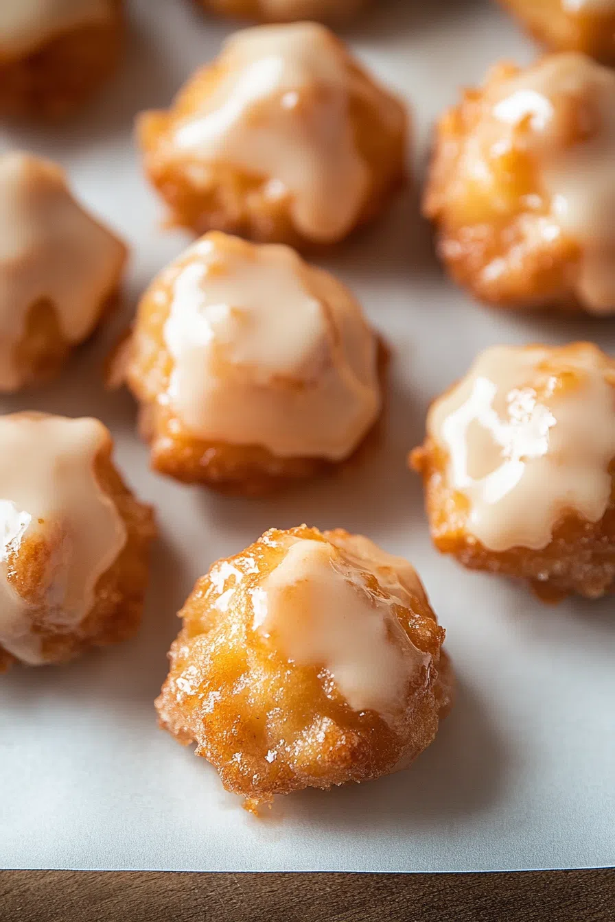 Golden brown, bite-sized fritters with a light glaze on top.