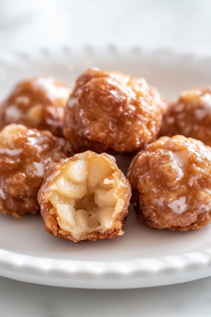 Plate of golden, crispy apple fritter bites dusted with powdered sugar.