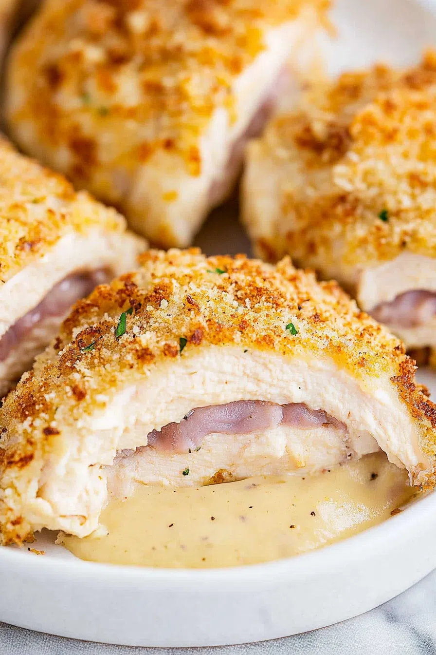 A sliced chicken breast with melted cheese and ham filling on a white plate.