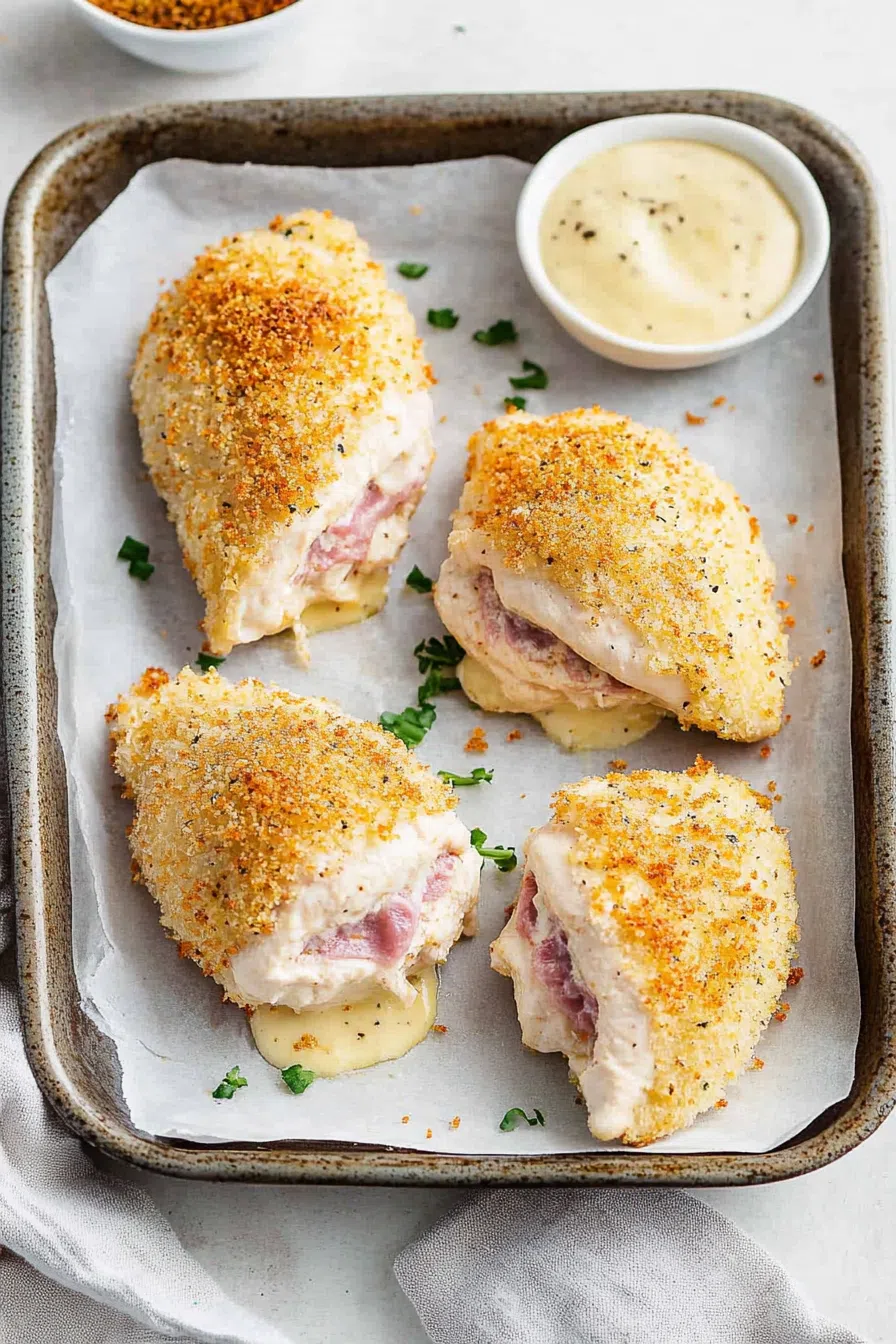 A golden-brown stuffed chicken breast garnished with fresh herbs.