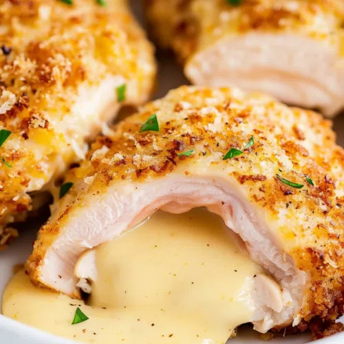 A close-up of the crispy crust on a stuffed chicken breast.