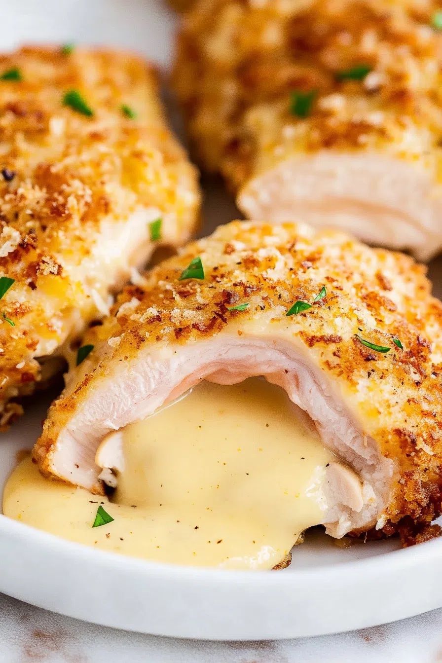 A close-up of the crispy crust on a stuffed chicken breast.