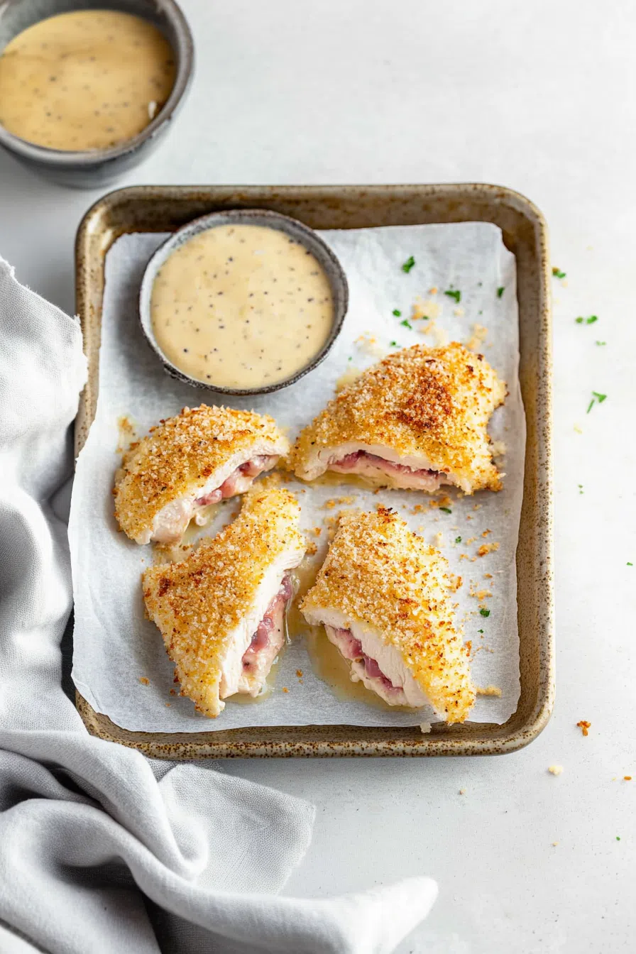A baking dish with several stuffed chicken breasts fresh from the oven.