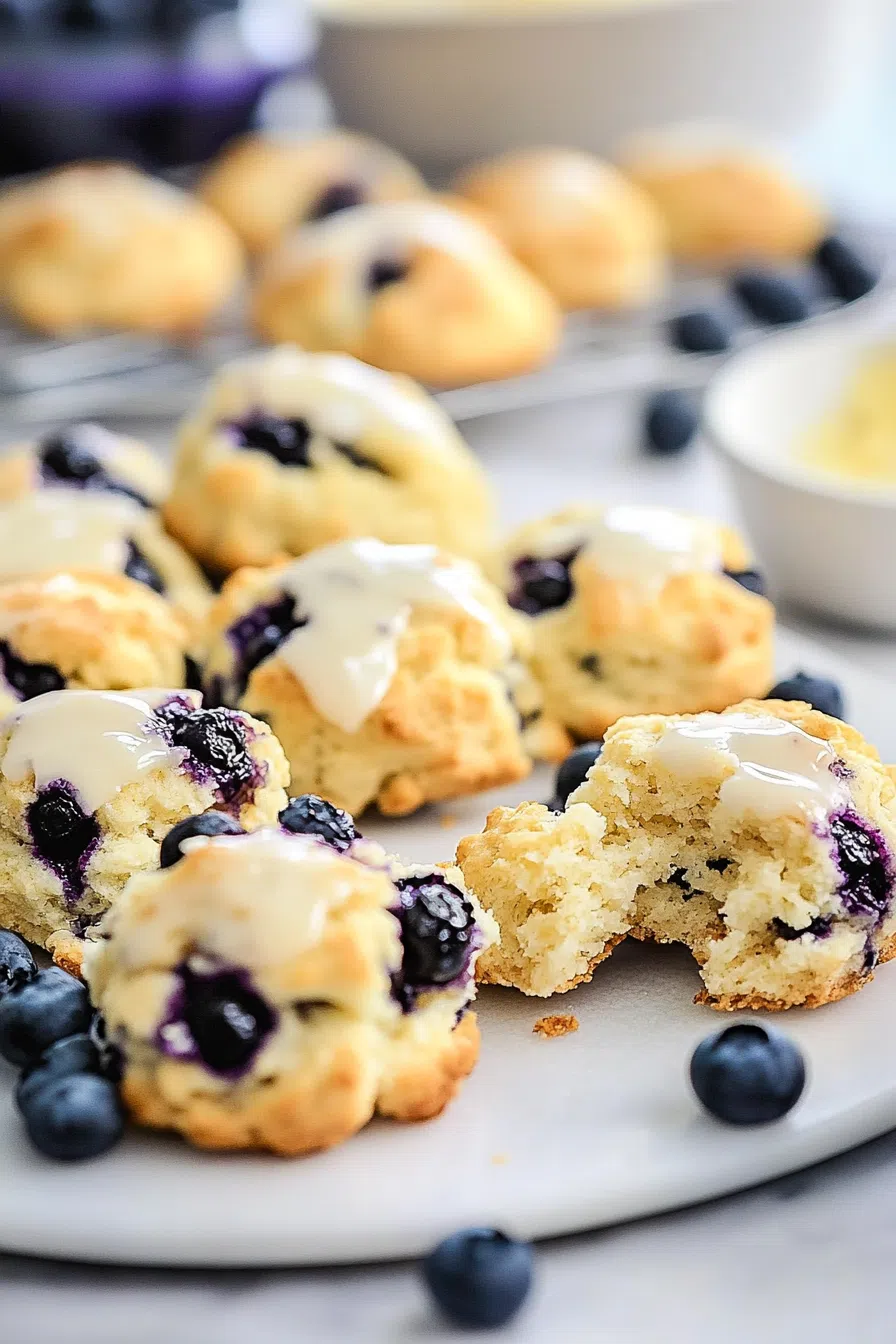 Close-up of a soft biscuit, revealing juicy blueberries baked inside.