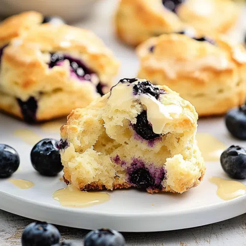 A biscuit split in half, showing its tender, buttery texture with blueberries throughout.