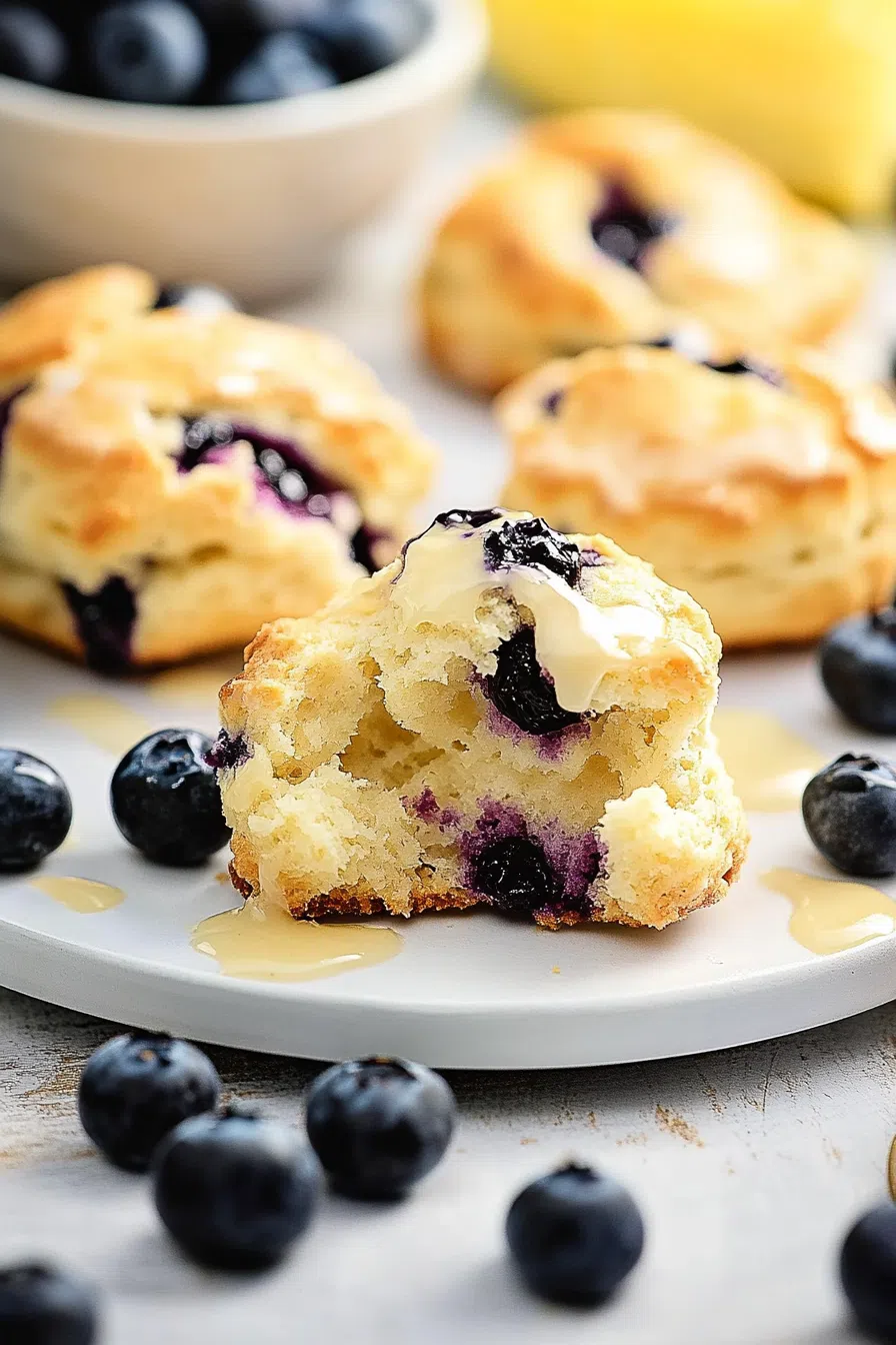 A biscuit split in half, showing its tender, buttery texture with blueberries throughout.