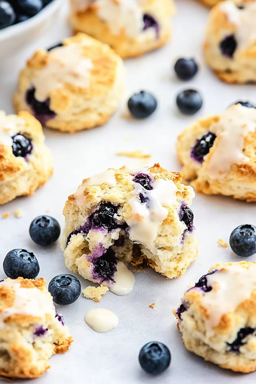 A golden, flaky biscuit with bursts of fresh blueberries and a light drizzle of glaze.