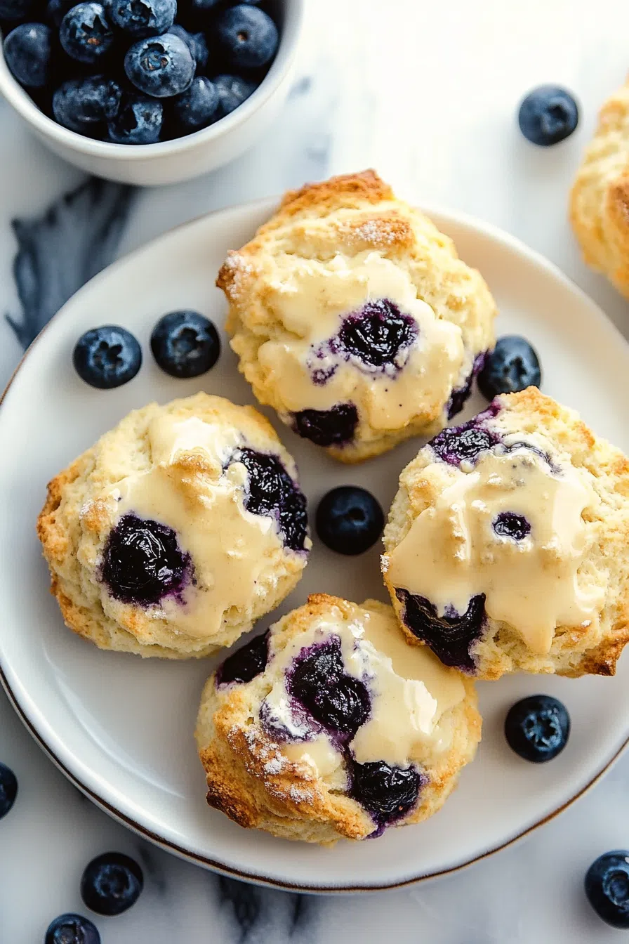 A plate stacked with warm biscuits, with blueberry juices slightly oozing out.