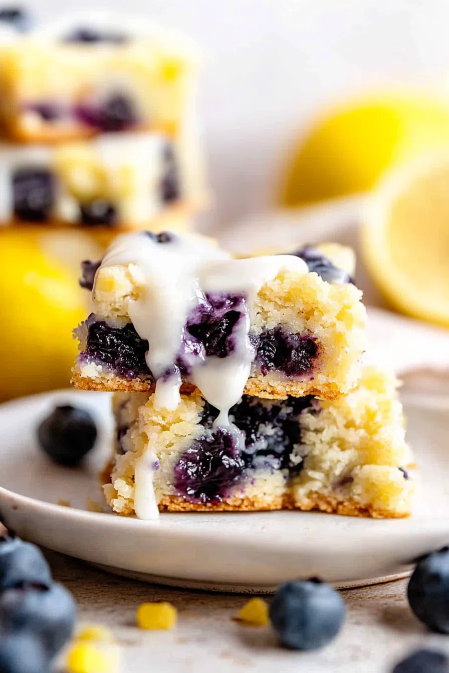 A stack of blondies with blueberries and a light glaze on top.