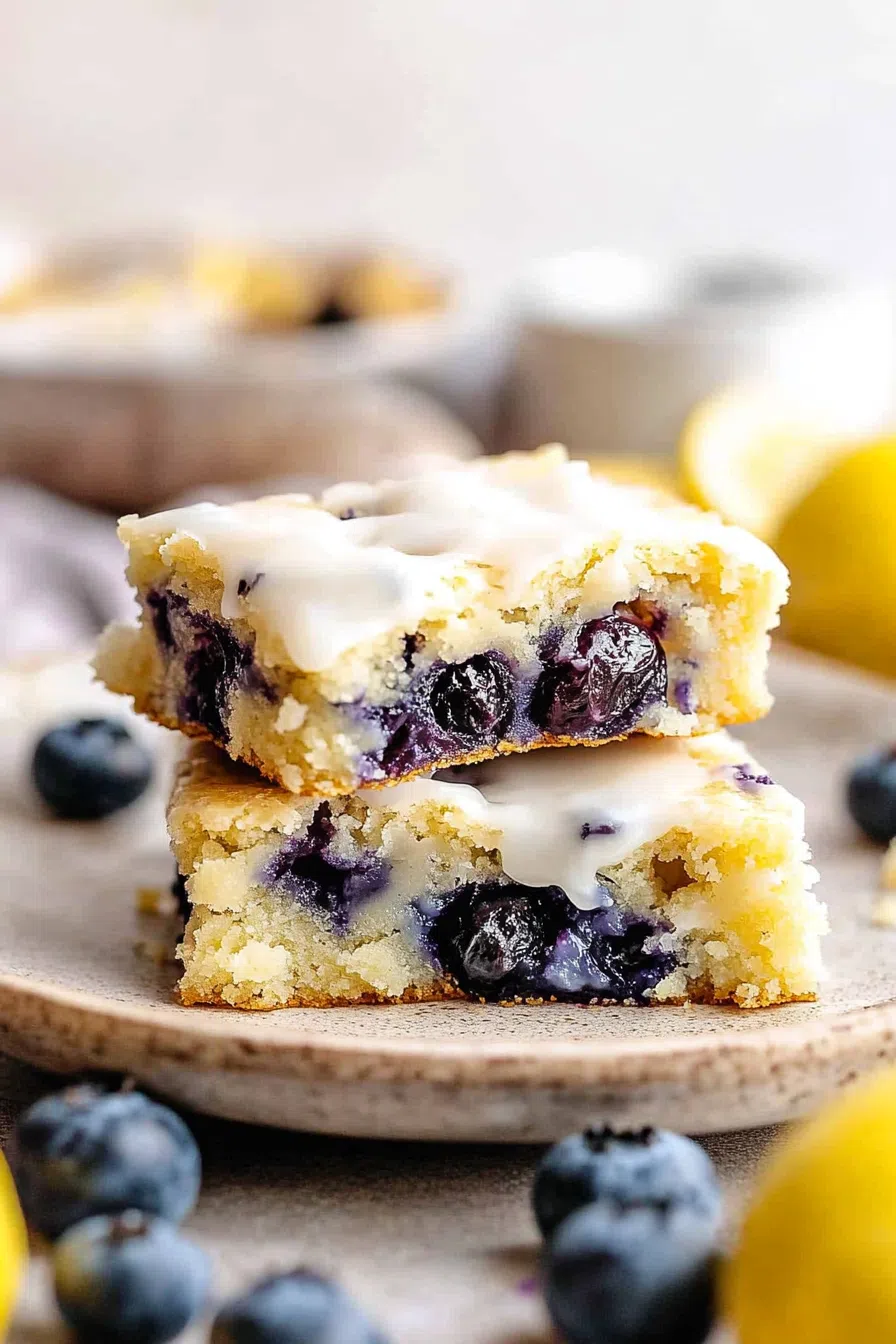 A tray of freshly baked blondies with blueberries peeking through.
