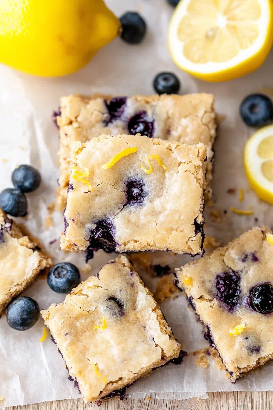 A close-up of blueberry blondies with a golden crust and juicy blueberries.