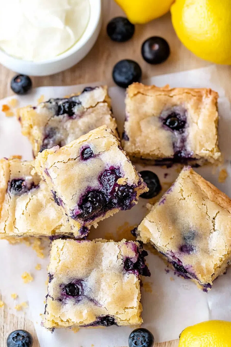 A sliced blondie showing a soft center with blueberries.