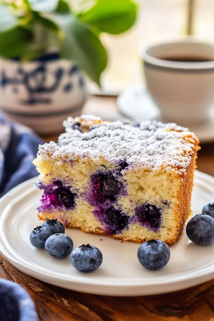 A slice of coffee cake on a plate with fresh blueberries on the side.