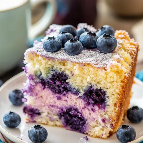 A close-up of a golden coffee cake with blueberries and crumbly topping.
