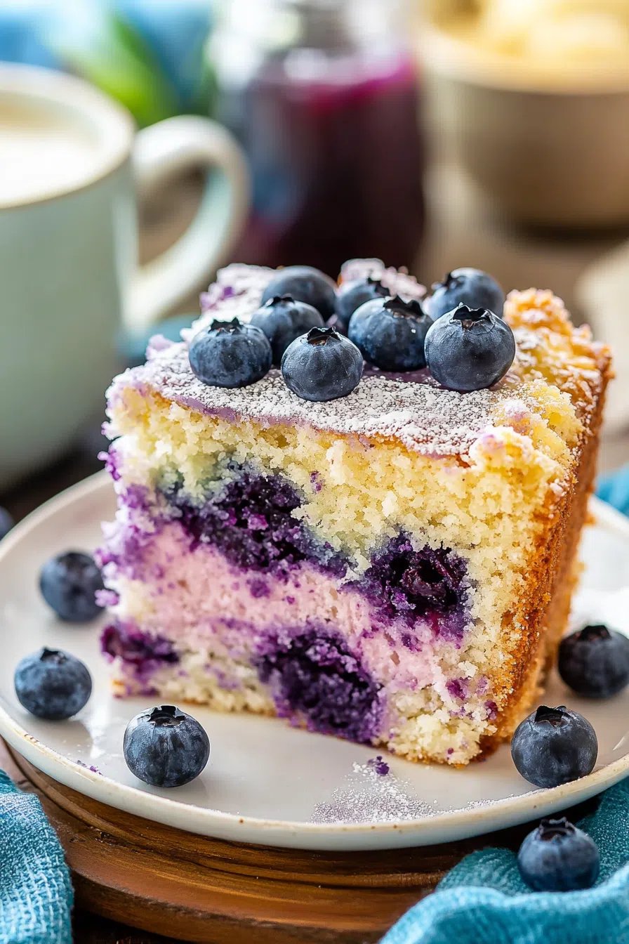 A close-up of a golden coffee cake with blueberries and crumbly topping.