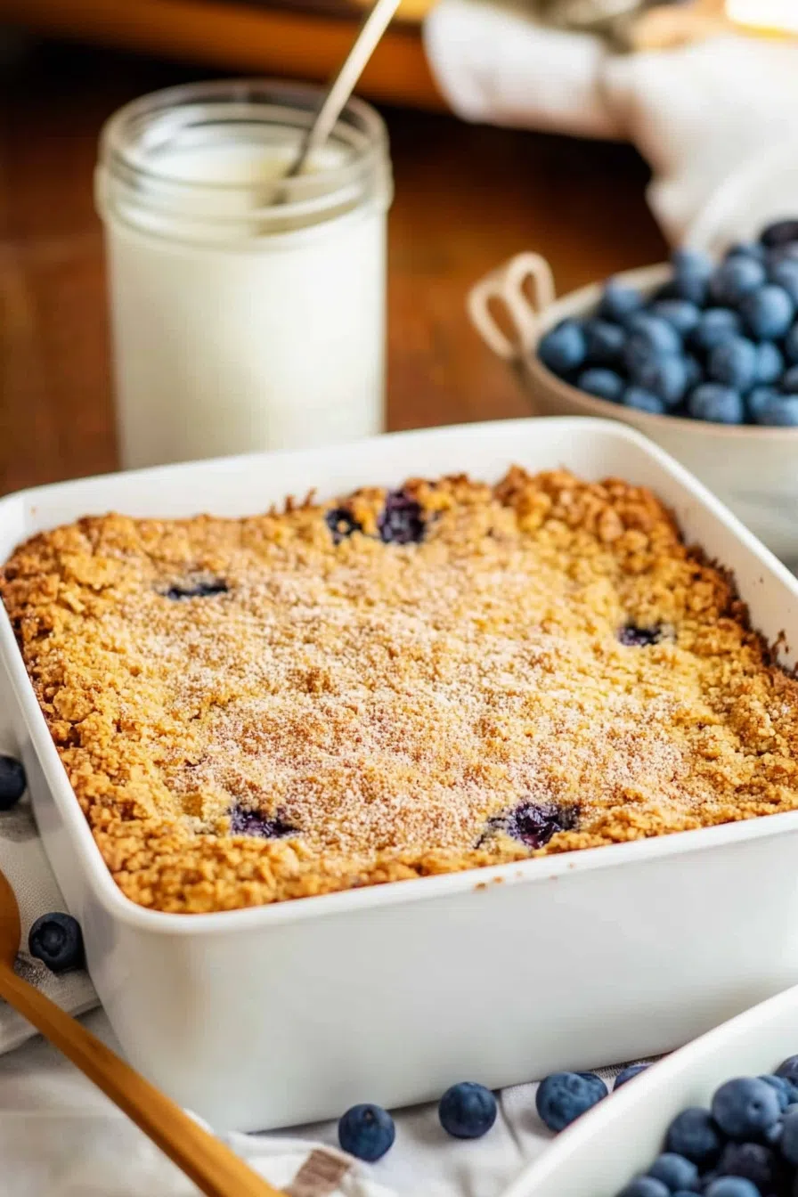 A baking dish filled with a freshly baked cake with a golden streusel topping.