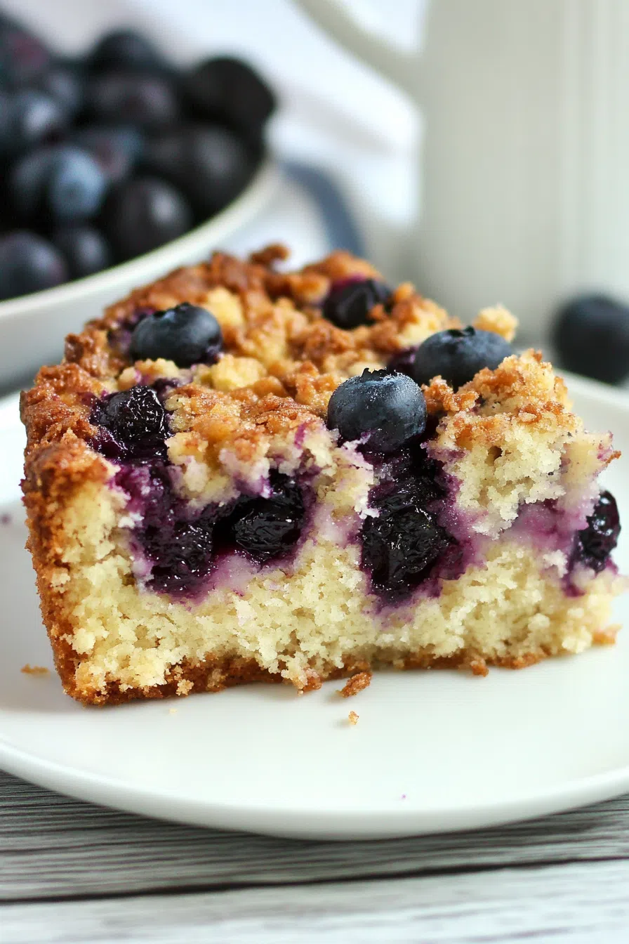A slice of coffee cake with a blueberry filling and cream cheese swirls on a white plate.