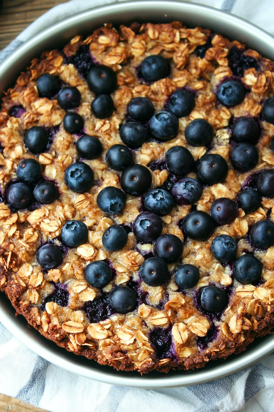 A close-up of a coffee cake topped with a golden crumb layer and fresh blueberries.