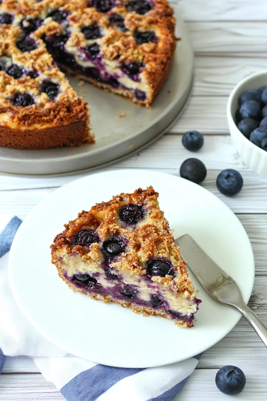 A slice of coffee cake with a golden crumb topping and blueberry filling.