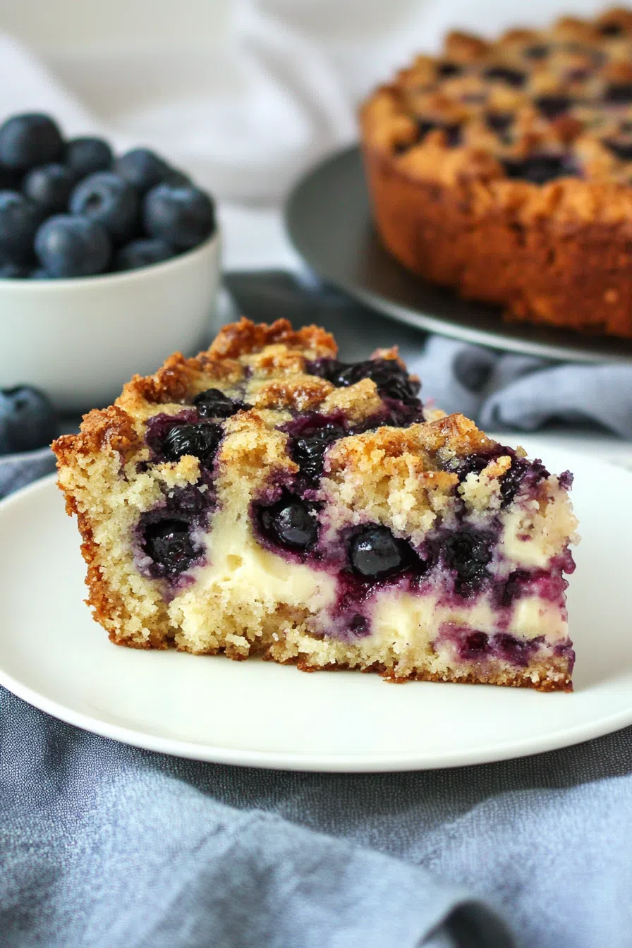 A cake slice on a plate with blueberry filling oozing out from the layers.