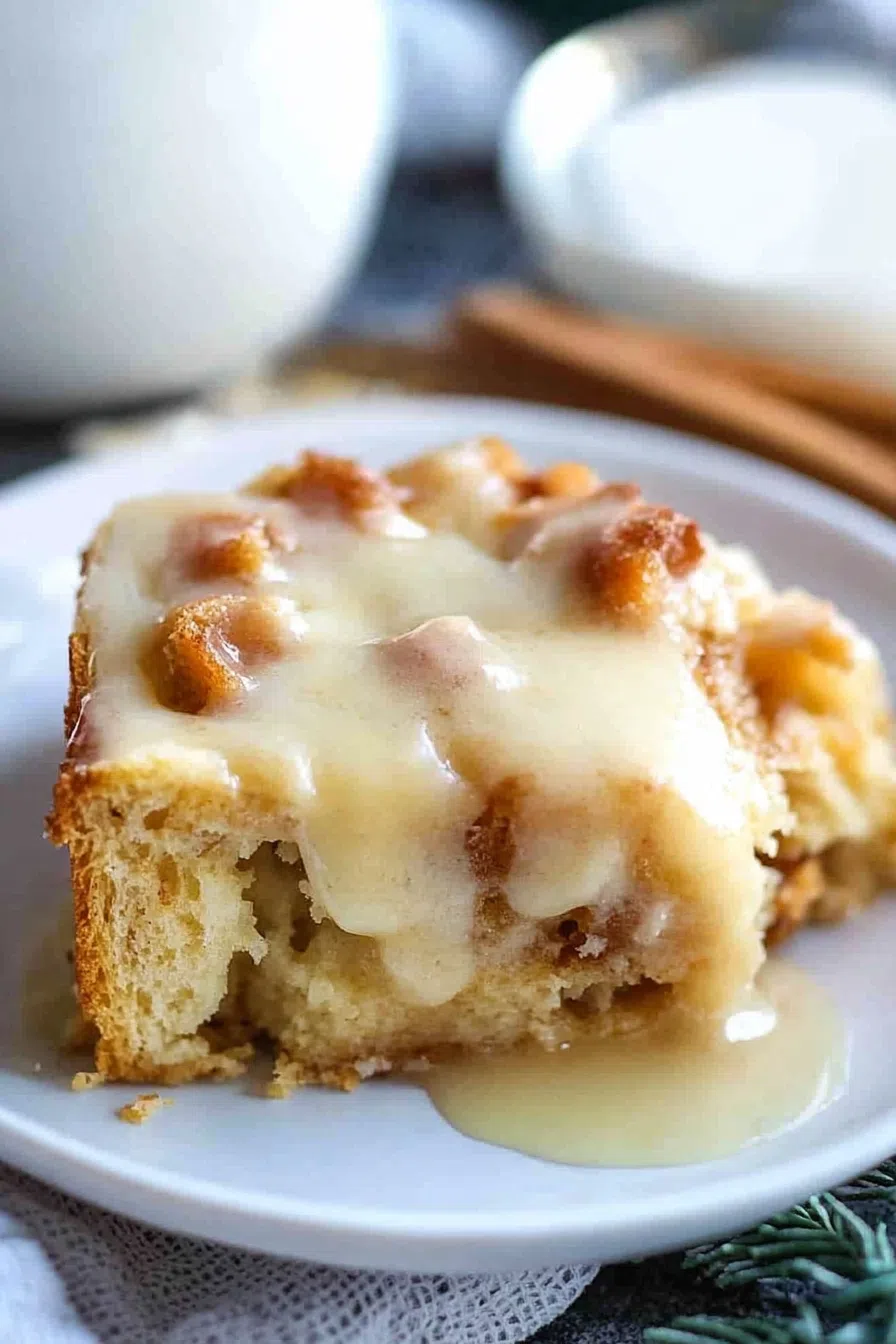 A slice of golden-brown dessert topped with a drizzle of sauce on a white plate.