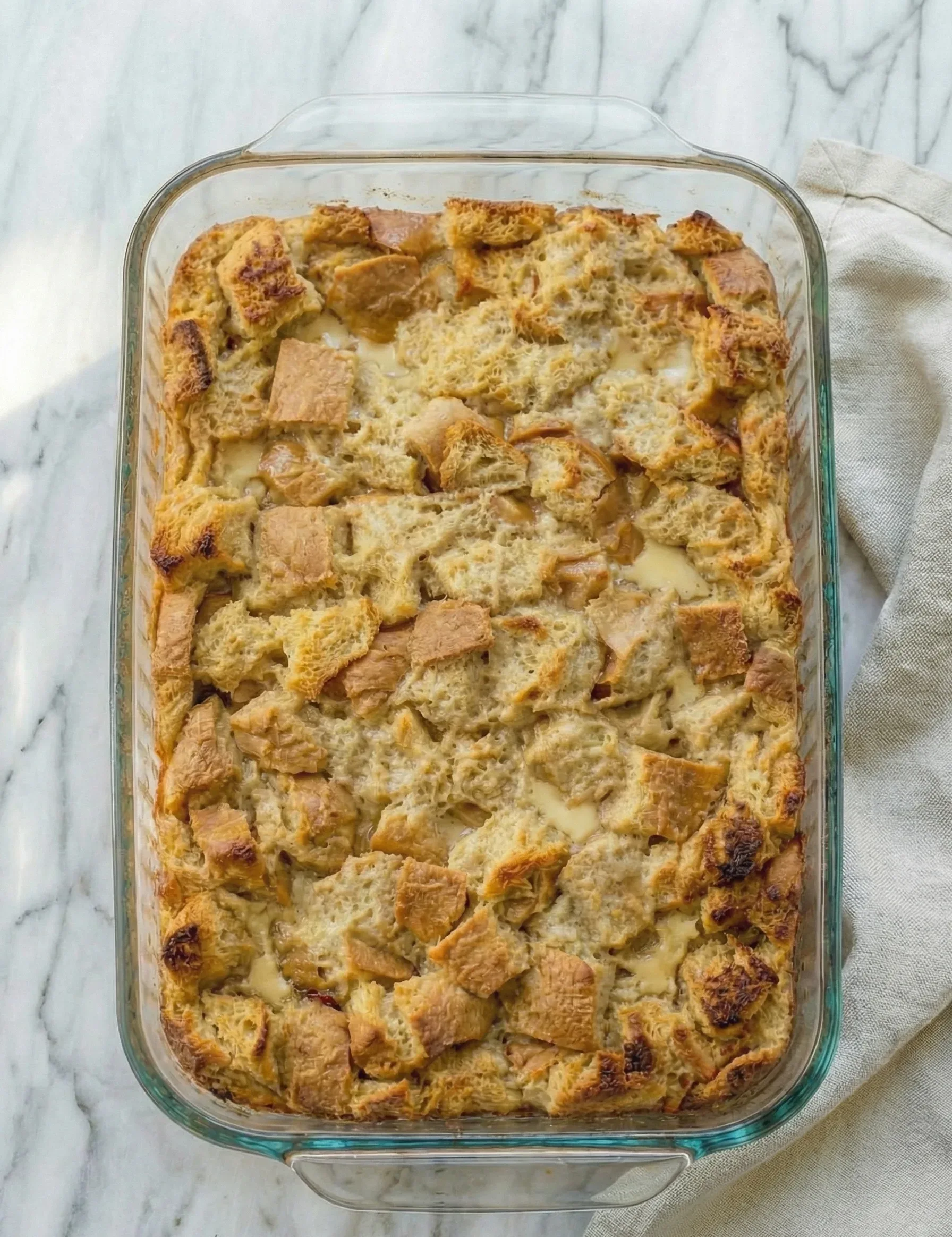 Unbaked bread pudding prepared in a glass baking dish after baking