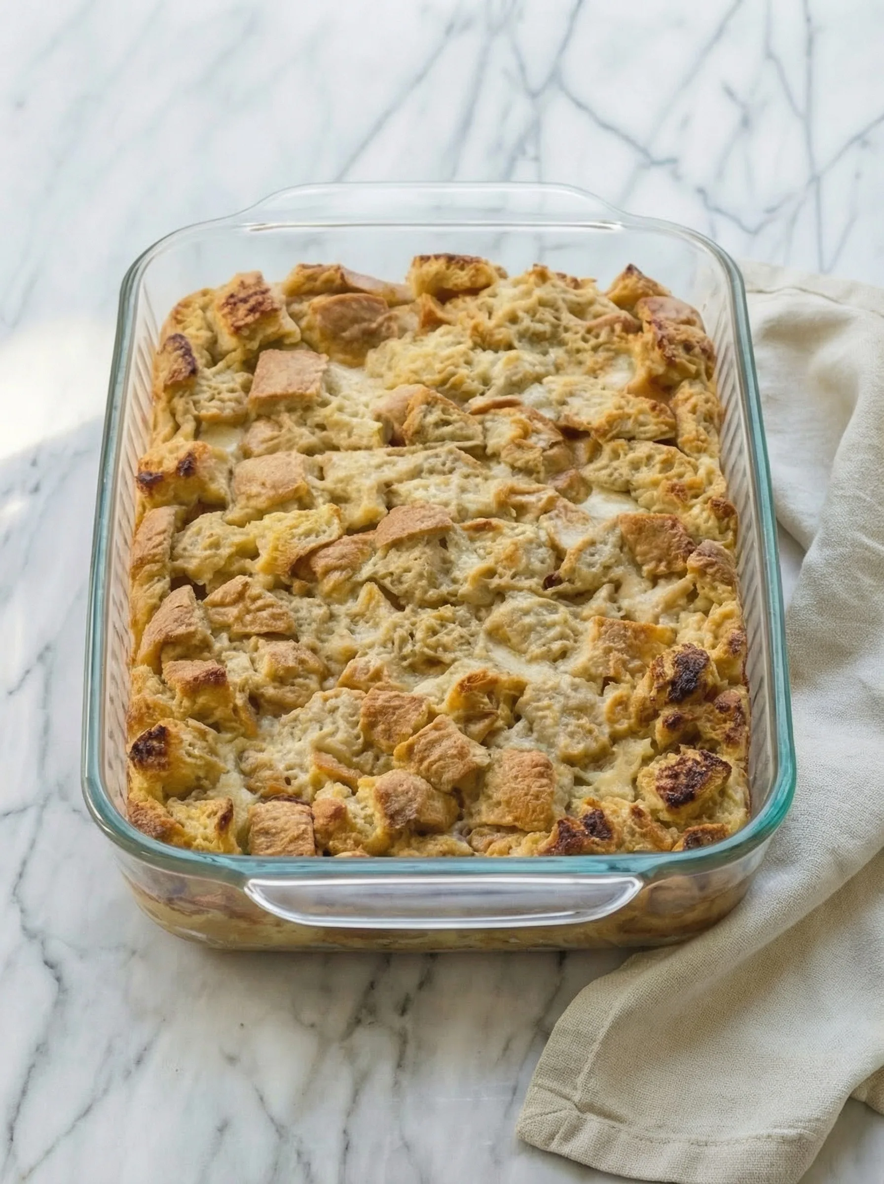 Bread pudding recipe baked until golden with soft custard and crisp bread edges