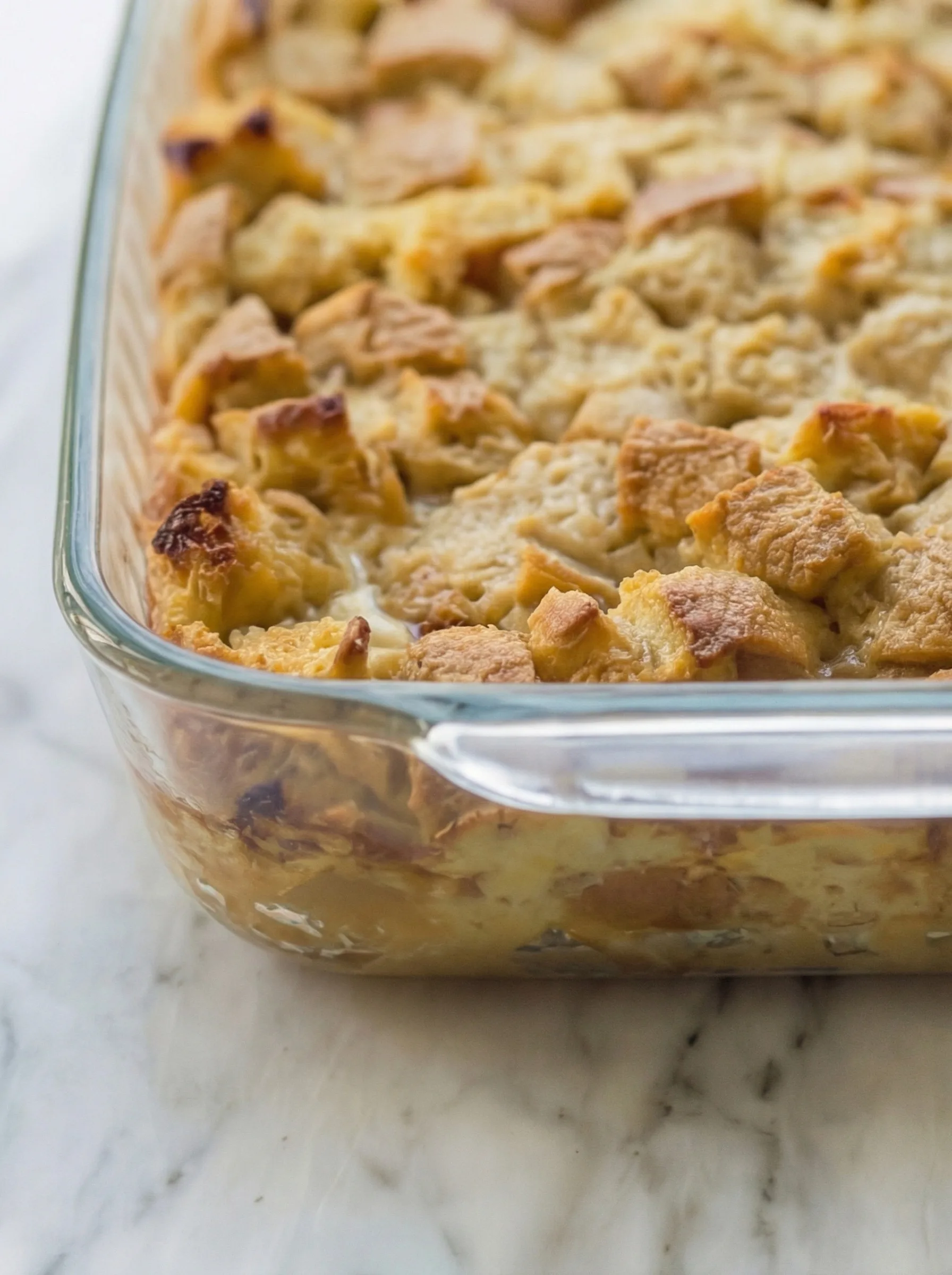 Close-up of baked bread pudding showing moist custard and lightly browned bread pieces