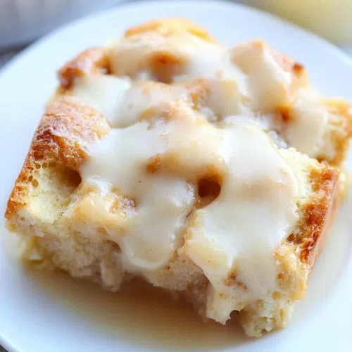 A close-up of a golden-brown dessert with a drizzle of caramel sauce.