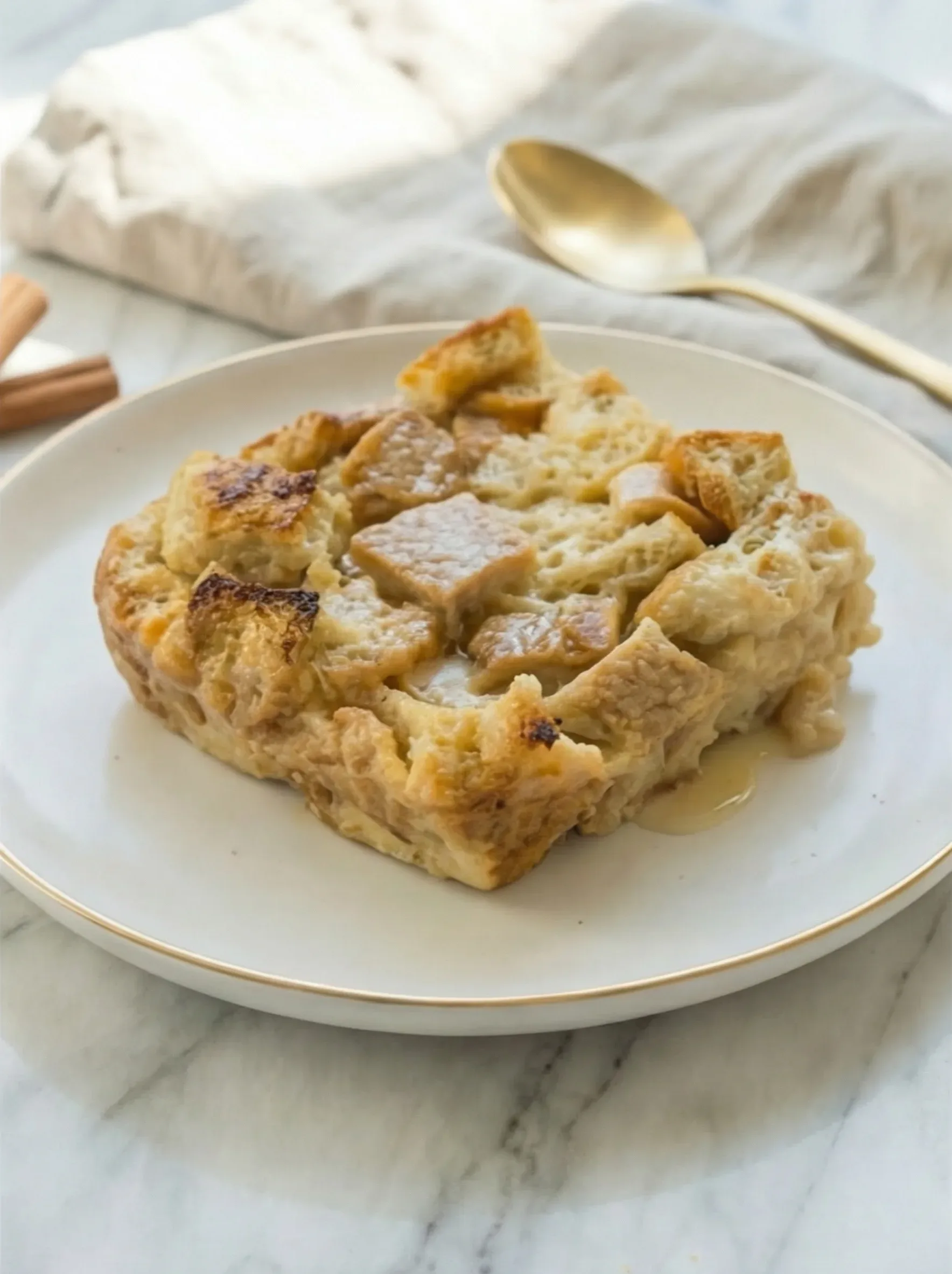 Single serving of bread pudding recipe on a white plate with vanilla sauce and cinnamon