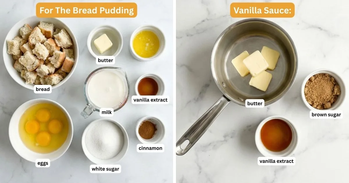 Ingredients for bread pudding recipe including bread cubes, eggs, milk, sugar, butter, cinnamon, and vanilla extract