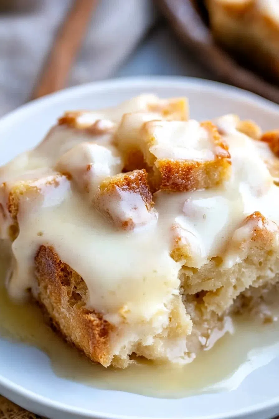 A serving of bread pudding topped with creamy vanilla sauce.