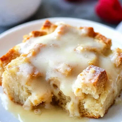 A close-up of bread pudding with vanilla sauce drizzling down the sides.
