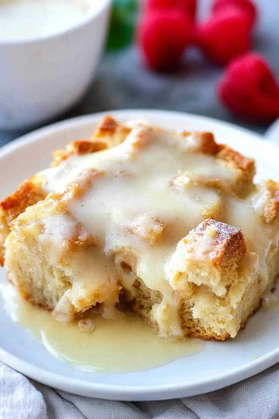 A close-up of bread pudding with vanilla sauce drizzling down the sides.