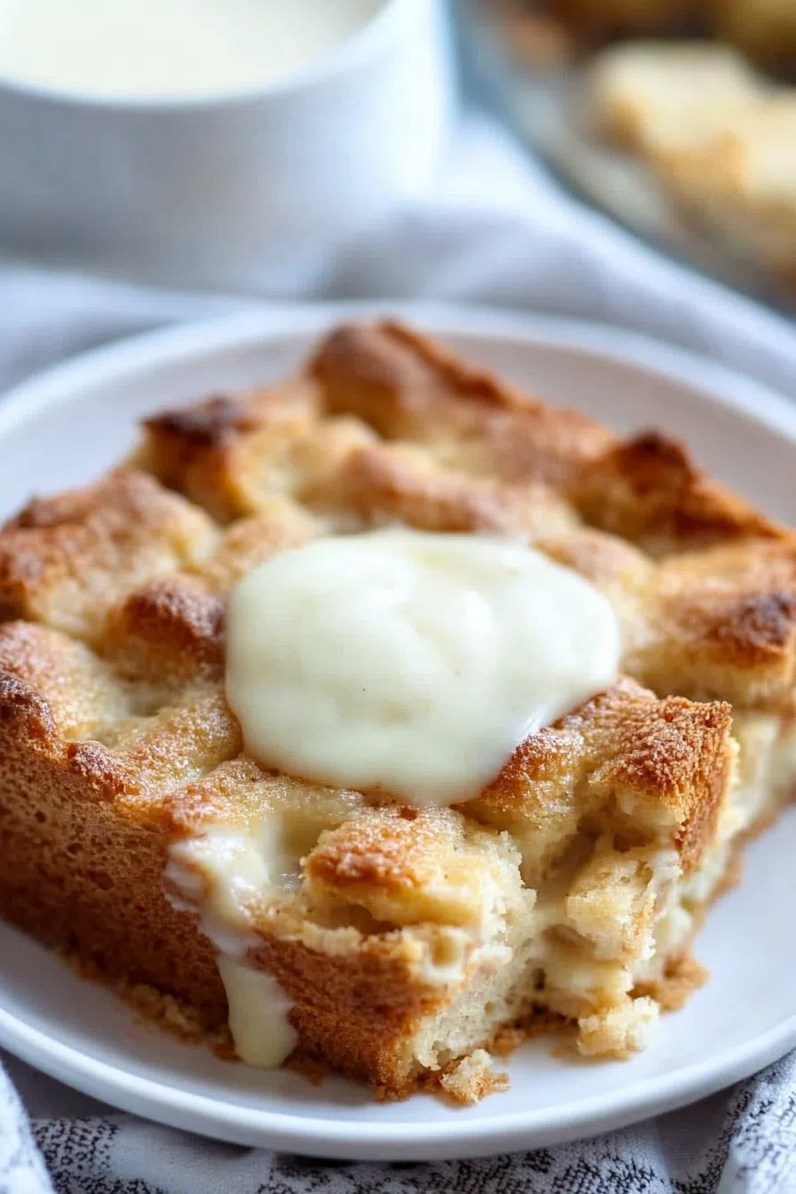 A slice of bread pudding on a plate with a pool of vanilla sauce.