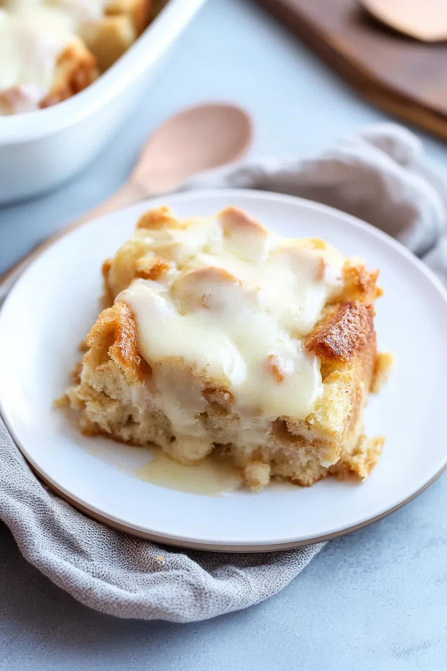 Bread pudding with a golden crust and vanilla sauce being poured over it.