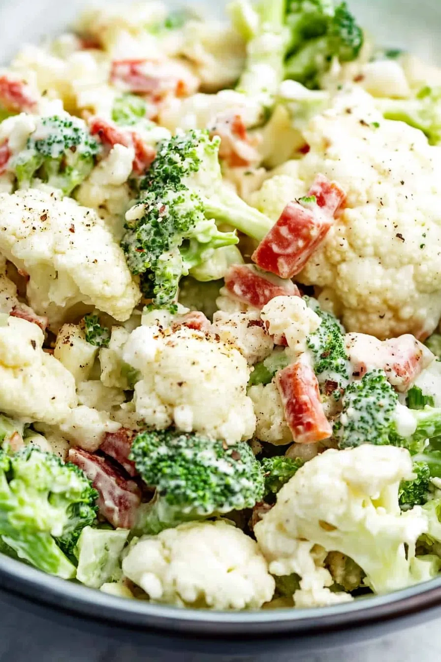 A fresh, colorful salad with chopped broccoli, cauliflower, and mix-ins in a serving bowl.