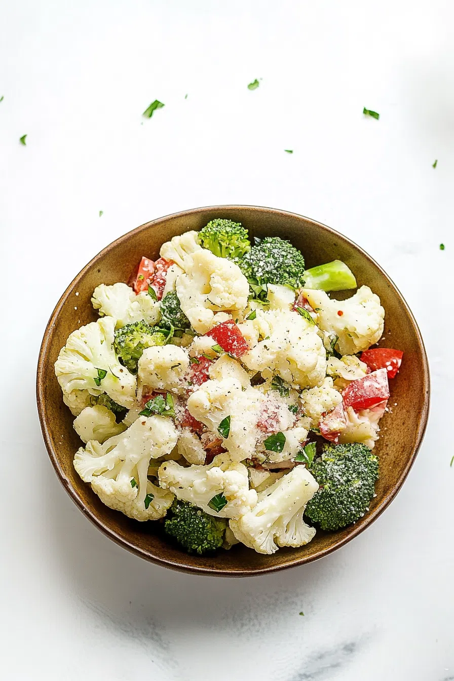 A bowl of crisp broccoli and cauliflower salad garnished with nuts and dried fruit.