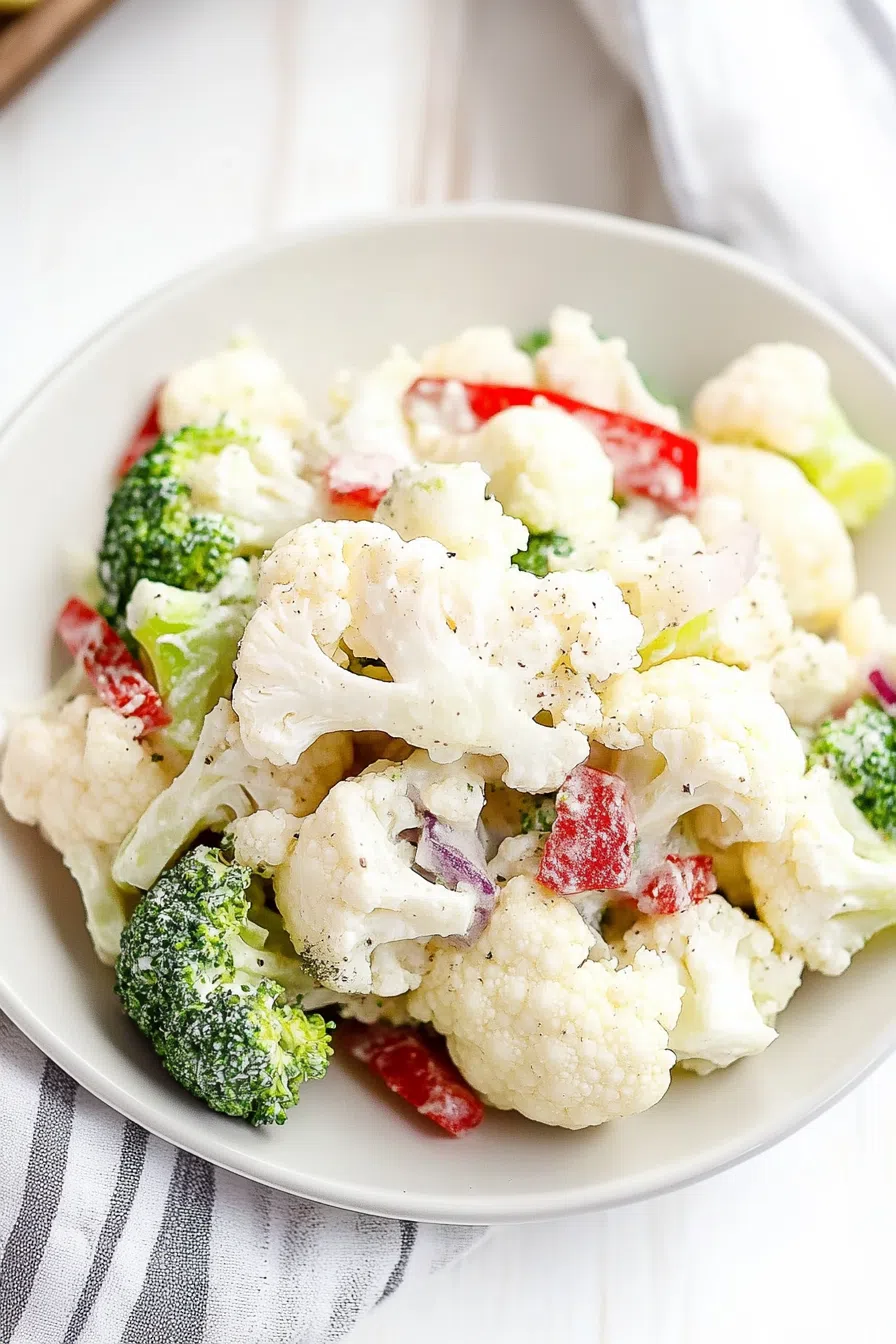 A vibrant mix of fresh broccoli and cauliflower florets in a creamy dressing, served in a bowl.