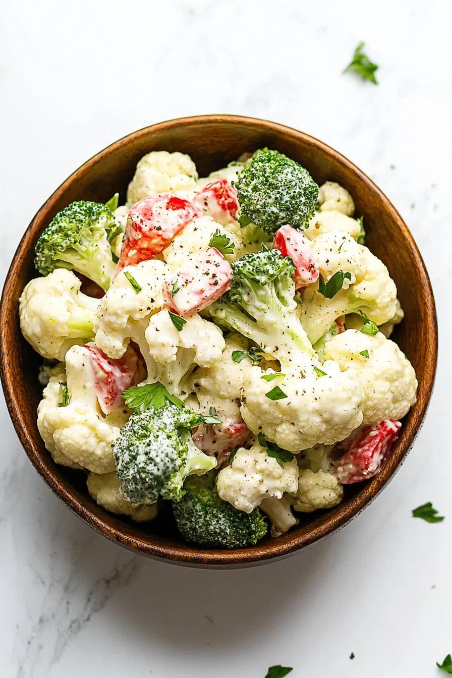 A top-down view of a fresh, homemade salad in a rustic serving dish.