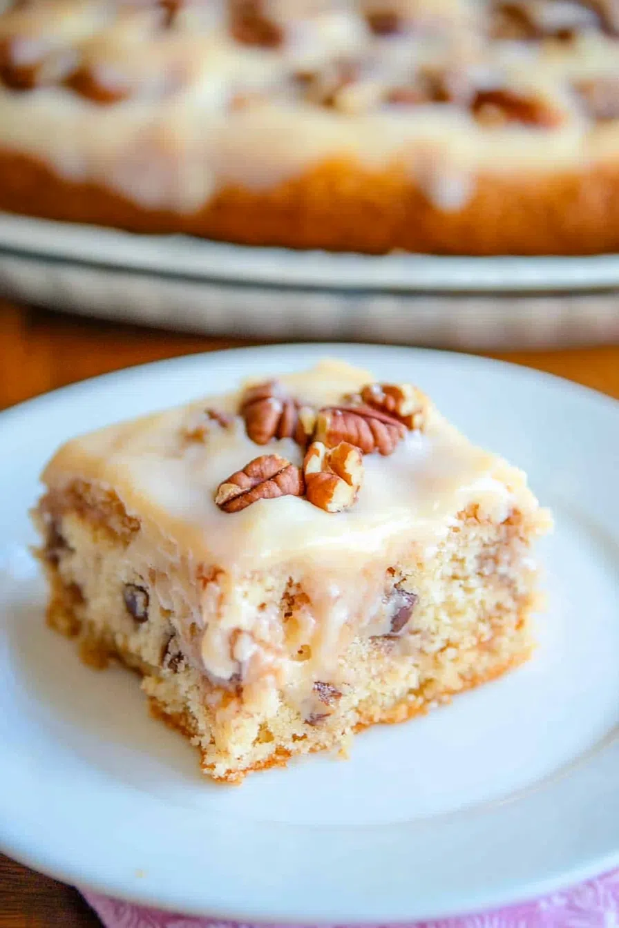 Cake served on a white plate with caramel sauce pooling around it.