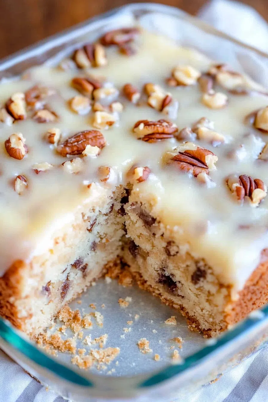 Close-up of a cake slice with pecan pieces and caramel drizzle.