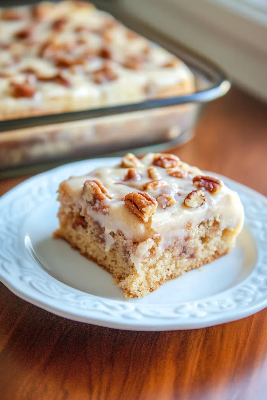 A slice of moist cake topped with praline sauce and pecans.